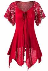 9781943237050-1943237050-Qiangjinjiu Women's Bandage High Waist Short Sleeve Lace Patchwork Irregular Mini Dresses Red XS