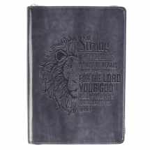 9781642720129-1642720127-Classic Faux Leather Journal Be Strong and Courageous Lion Joshua 1:9 Bible Verse Gray Inspirational Notebook, Lined Pages w/Scripture, Ribbon Marker, Zipper Closure