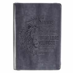 Classic Faux Leather Journal Be Strong and Courageous Lion Joshua 1:9 Bible Verse Gray Inspirational Notebook, Lined Pages w/Scripture, Ribbon Marker, Zipper Closure